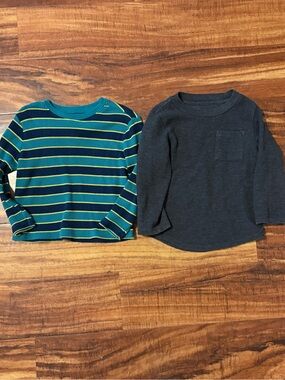 Toddler Boy Long-Sleeve Waffle Knit Shirts-Dark Gray & Teal w/ Stripes, 2T